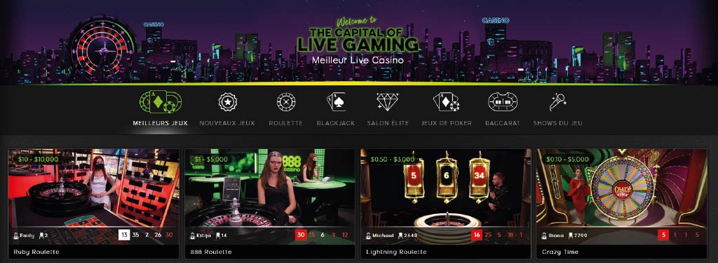 Croupiers en direct et jeux de table au casino 888