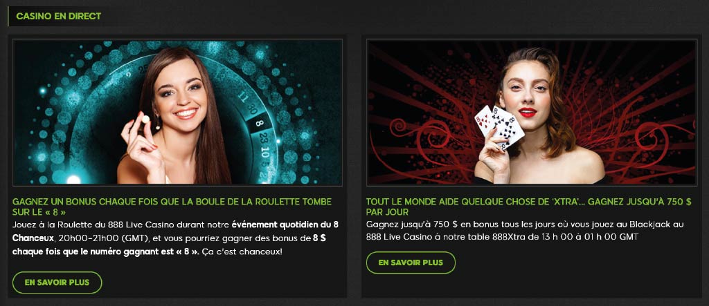 Réclamer des bonus pour les jeux de croupier en direct au casino 888